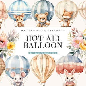 Bundle de cliparts montgolfière aquarelle, sublimation de dessins, impression numérique, téléchargement immédiat, fichiers numériques, clipart numérique