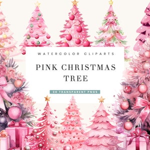 30 Aquarell rosa Weihnachtsbaum Clipart Bundle Sublimationsentwürfe, sofortiger Download Aquarell Clipart, digitaler Download PNG-Dateien