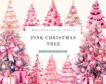 30 Watercolor Pink Christmas Tree Clipart Bundle Sublimation Designs, Instant Download Watercolor Clipart, Digital Download PNG Files