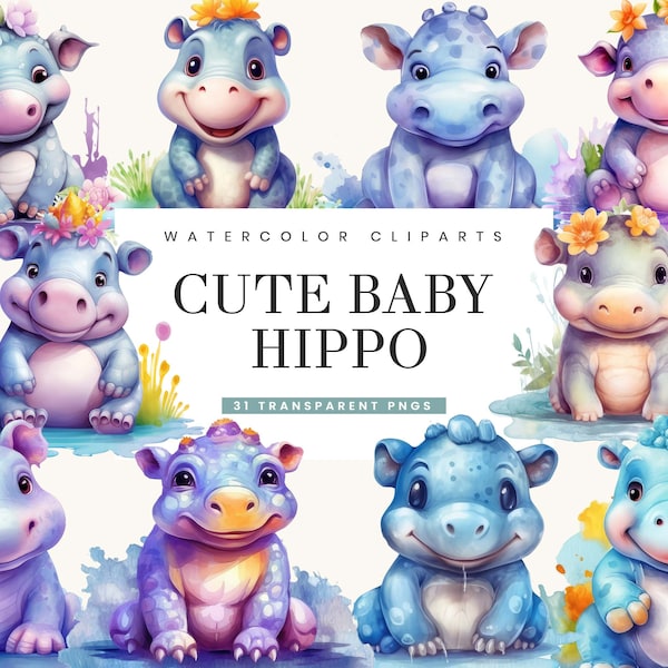 31 Watercolor Cute Baby Hippo Clipart Bundle Sublimation Designs Digital Download Watercolor Clipart, Commercial Use