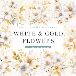 18 aquarel witte en gouden bloemen clipart bundel sublimatie ontwerpen, Instant Download, PNG ontwerpen afdrukbare kunst, digitale print