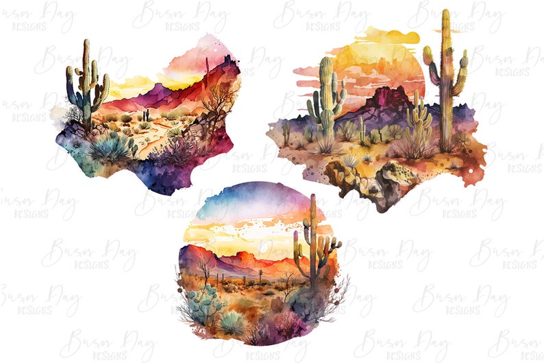 Watercolor Desert Clipart: Arid Landscape PNG Bundle (Digital Download) image 3