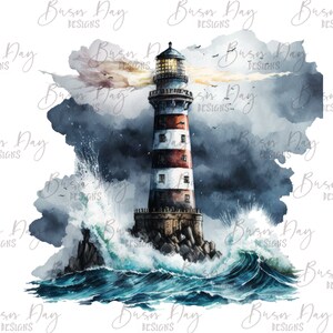 May include: A watercolor painting of a lighthouse with red and white stripes standing on a rocky cliff. The lighthouse is surrounded by crashing waves and a stormy sky.
