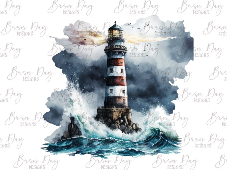 May include: A watercolor painting of a lighthouse with red and white stripes standing on a rocky cliff. The lighthouse is surrounded by crashing waves and a stormy sky.