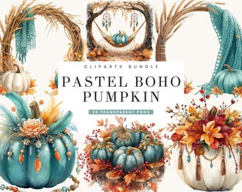 Paquete de 29 diseños de calabazas bohemias pastel para sublimación. Descarga digital, impresiones digitales, arte digital, planificador digital y archivos PNG.
