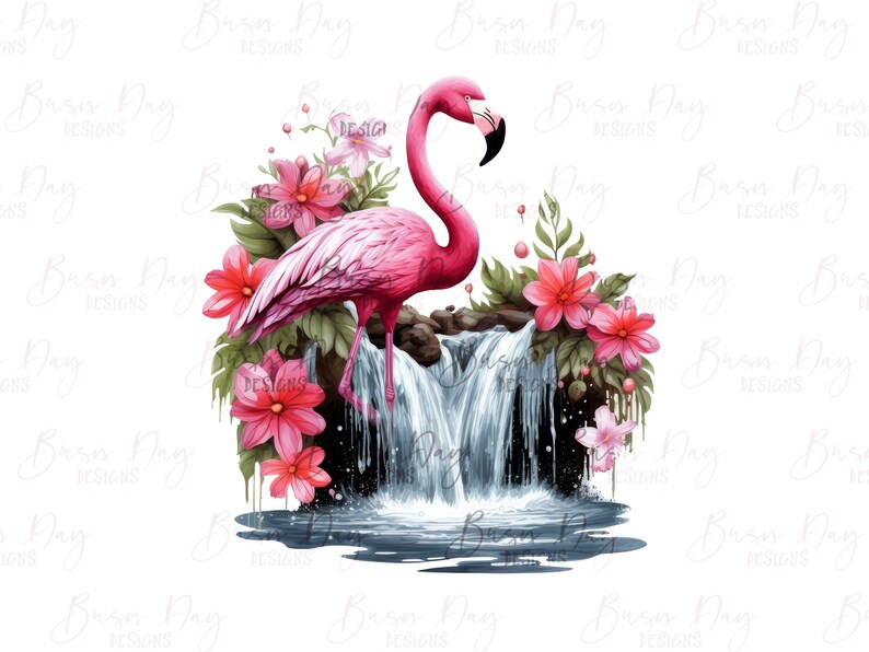Peut inclure: Un flamant rose se tient dans une cascade avec des fleurs roses et des feuilles vertes. Le flamant rose fait face au c&ocirc;t&eacute; gauche de l'image. La cascade est derri&egrave;re le flamant rose et a une piscine d'eau bleue au fond.