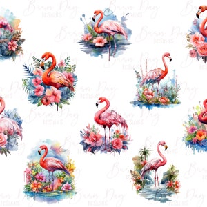 Peut inclure: Un pack de papier num&eacute;rique avec dix illustrations &agrave; l'aquarelle de flamants roses se tenant dans des fleurs et des feuillages tropicaux. Les flamants roses sont dans diverses poses, certains avec le cou courb&eacute; et d'autres avec le cou droit. Les fleurs sont dans des tons de rose, rouge et orange. Le feuillage est vert et luxuriant. Les illustrations sont parfaites pour cr&eacute;er des invitations, des cartes et d'autres objets en papier.