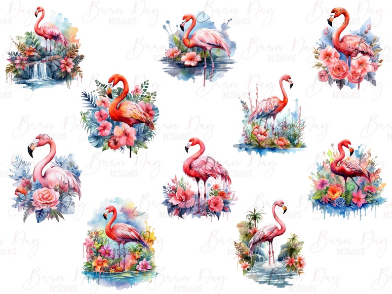 Peut inclure: Un pack de papier num&eacute;rique avec dix illustrations &agrave; l'aquarelle de flamants roses se tenant dans des fleurs et des feuillages tropicaux. Les flamants roses sont dans diverses poses, certains avec le cou courb&eacute; et d'autres avec le cou droit. Les fleurs sont dans des tons de rose, rouge et orange. Le feuillage est vert et luxuriant. Les illustrations sont parfaites pour cr&eacute;er des invitations, des cartes et d'autres objets en papier.