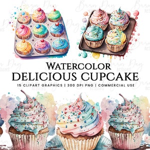 15 niedliche Aquarell Obst Cupcake Cliparts, Obst Cupcake Druck, 4 hochwertige PNG, Aquarellillustration, digitaler Download, digitale Kunst