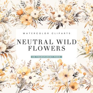 20 Watercolor Neutral Wild Flowers Clipart Bundle Sublimation Designs, Instant Download Digital Files, Printable wall Art Digital Download