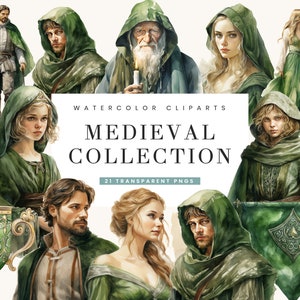 May include: Watercolor clipart collection of medieval characters and objects. The set includes a variety of people wearing green cloaks and hoods, a wizard holding a candle, a goblet, and a banner with a green crest.