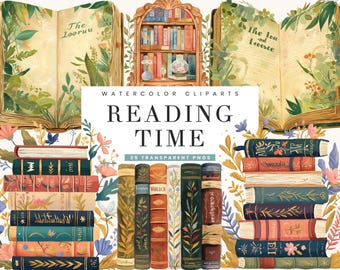 Watercolor Reading Clipart Bundle: Book Lover PNG Designs (Digital Download)