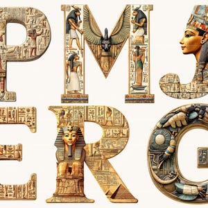 May include: Decorative letters P, M, J, E, R, and G, each intricately designed with an ancient Egyptian theme. The letters feature hieroglyphs, pharaohs, and other Egyptian motifs in shades of beige, brown, and gold.