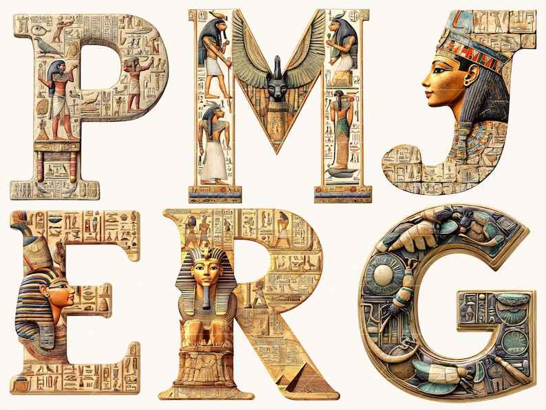 May include: Decorative letters P, M, J, E, R, and G, each intricately designed with an ancient Egyptian theme. The letters feature hieroglyphs, pharaohs, and other Egyptian motifs in shades of beige, brown, and gold.