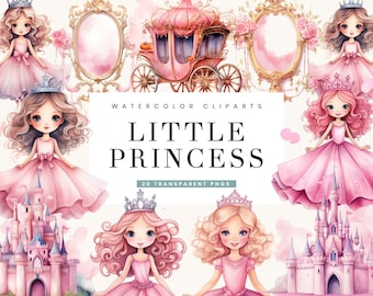 Lot de 20 cliparts petite princesse aquarelle : 20 modèles PNG (téléchargement numérique)