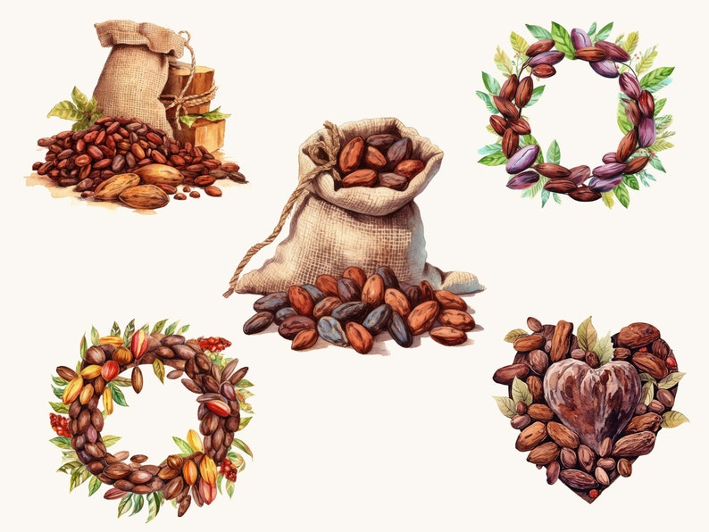 Watercolor Sacred Cacao Clipart Bundle: 29 PNG Designs (digital ...