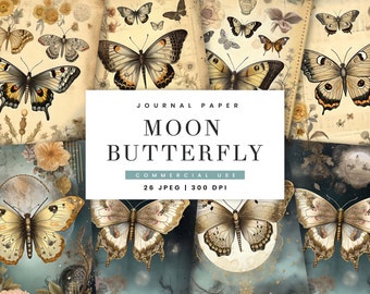 May include: A digital collage of 26 vintage-style journal papers featuring intricate illustrations of butterflies with moon and floral motifs. The papers are perfect for scrapbooking, card making, and other creative projects.  The text "Journal Paper Moon Butterfly Commercial Use 26 JPEG | 300 DPI" is displayed on the collage.