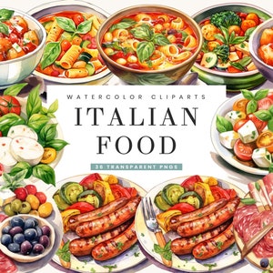Paquete de 36 imágenes prediseñadas de comida italiana de acuarela, Imágenes prediseñadas de acuarela, Descarga digital, Descarga instantánea, Impresiones digitales, Uso comercial