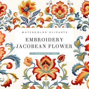17 Watercolor Embroidery Jacobean Flower Clipart Bundle Clipart Bundle Sublimation Designs, Instant Download Watercolor Clipart