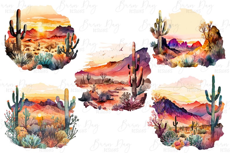 Watercolor Desert Clipart: Arid Landscape PNG Bundle (Digital Download) image 2