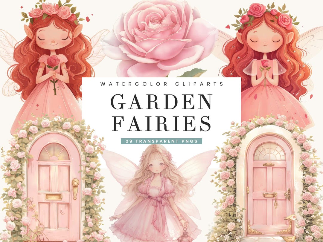 Watercolor Pink Fairies Clipart Bundle: Magical Garden Designs (digital ...