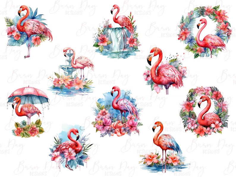 Peut inclure: Illustrations &agrave; l'aquarelle de flamants roses dans diff&eacute;rentes poses, entour&eacute;s de fleurs et de feuillages tropicaux. Certains flamants roses se tiennent sur une fontaine, sous un parapluie et dans une couronne.