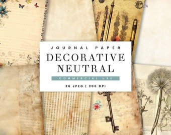 Puede incluir: Un collage de 26 fondos de papel de diario de estilo vintage en colores neutros. Los papeles presentan diversas texturas, patrones e ilustraciones, incluyendo mariposas, llaves y dibujos botánicos. El texto "JOURNAL PAPER DECORATIVE NEUTRAL COMMERCIAL USE 26 JPEG | 300 DPI" se muestra en un rectángulo blanco.