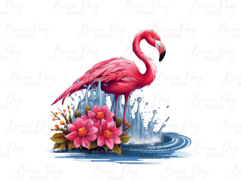 Peut inclure: Un flamant rose se tenant dans l'eau bleue avec des fleurs roses et des feuilles vertes. Le flamant rose est dans une pose &eacute;claboussante avec des gouttelettes d'eau autour de lui.