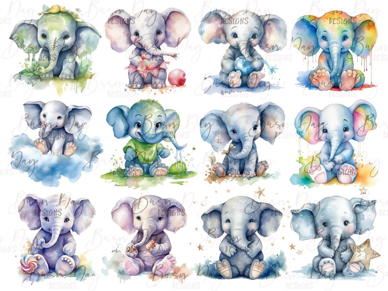 Puede incluir: Doce ilustraciones de acuarela de elefantes beb&eacute;s en varias poses. Cada elefante est&aacute; representado con diferentes colores y patrones, incluyendo verde, azul, rosa y arco&iacute;ris. Algunos elefanten tienen objetos como una pelota, una flor o una estrella.