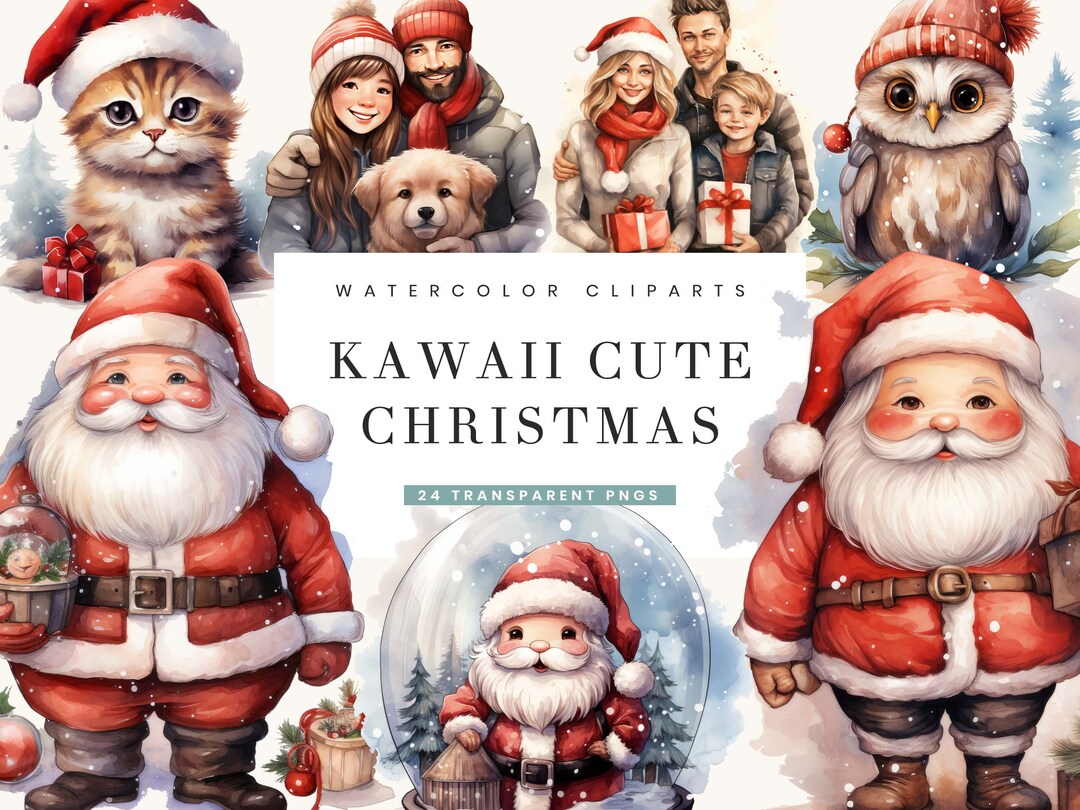 24 Watercolor Kawaii Cute Christmas Clipart Bundle Png Files ...