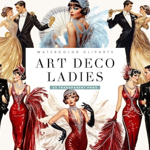 22 Aquarell Art-Deco-Damen Clipart Bundle Sublimation Designs digitaler Download, Sofort-Download Digitaldrucke, Wand Kunst PNG-Dateien