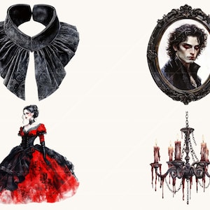 Peut inclure: Ensemble d'illustrations gothiques. Comprend un col en velours noir, un portrait ovale dans un cadre noir, une robe de bal rouge et noire et un lustre avec de la cire de bougie d&eacute;goulinante.