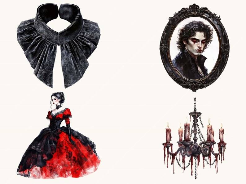 Peut inclure: Ensemble d'illustrations gothiques. Comprend un col en velours noir, un portrait ovale dans un cadre noir, une robe de bal rouge et noire et un lustre avec de la cire de bougie d&eacute;goulinante.