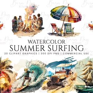 20 Watercolor Summer surfing clipart bundle, digital download, digital planner, instant download, watercolor clipart, commercial use,
