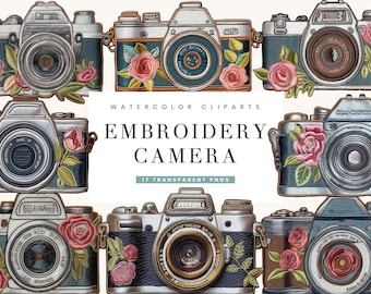 Watercolor Embroidery Camera Clipart Bundle: 17 PNG Designs (Digital Download)