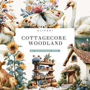83 Woodland Clipart Bundle, Forest Animals, Cottagecore Watercolor PNG, Mushroom Houses, Commercial Use