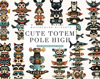 Op de afbeelding: Waterverf clip art met kleurrijke totempalen met dierengezichten, waaronder uilen, katten en vissen. De tekst "CUTE TOTEM POLE HIGH" en "35 TRANSPARENT PNGS" is te zien. Het kunstwerk heeft een grillige, illustratieve stijl.