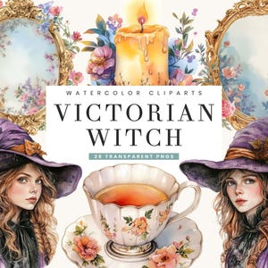 26 Watercolor Victorian Witch Clipart Bundle Sublimation Designs, Digital Download, Halloween Clipart, PNG Designs Printable Art