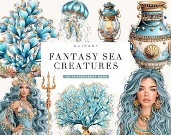 May include: Digital clipart set featuring fantasy sea creatures. The image includes a jellyfish, a lantern, a vase, coral, and a woman with blue hair. The text reads "Fantasy Sea Creatures" and "46 Transparent PNGs". The color palette includes shades of blue, gold, and white.