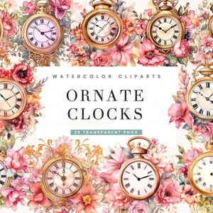 29 Watercolor Ornate Clocks Clipart Bundle Digital Download Commercial Use Sublimation Designs, Instant Download Png Designs