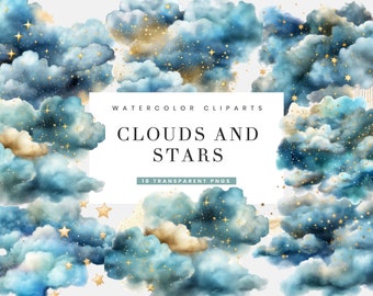 May include: Watercolor clipart set of 18 blue and gold clouds with stars.  The text "WATERCOLOR CLIPARTS CLOUDS AND STARS 18 TRANSPARENT PNGS" is on a white rectangle.