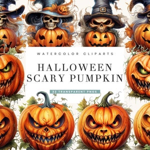 Watercolor Halloween Pumpkin Clipart: 32 Scary PNG Designs (Digital Download)