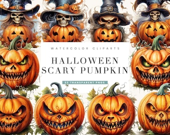 Watercolor Halloween Pumpkin Clipart: 32 Scary PNG Designs (Digital Download)