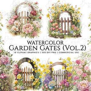 18 水彩画の庭の門 vol.2、クリップアート バンドル、デジタル ダウンロード、デジタル プランナー、デジタル プリント、インスタント ダウンロード、水彩画のクリップアート、