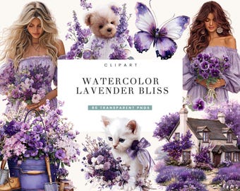 May include: Watercolor digital clipart titled "Watercolor Lavender Bliss" featuring illustrations of women, a teddy bear, a butterfly, a kitten, and a cottage, all surrounded by lavender flowers. The image includes the text "80 Transparent PNGs."