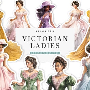 24 viktorianische schöne Damen Stickers Sublimationsdesigns Digitaler Download, niedliche Aufkleber Digitaldrucke, benutzerdefinierte Aufkleber Png-Dateien