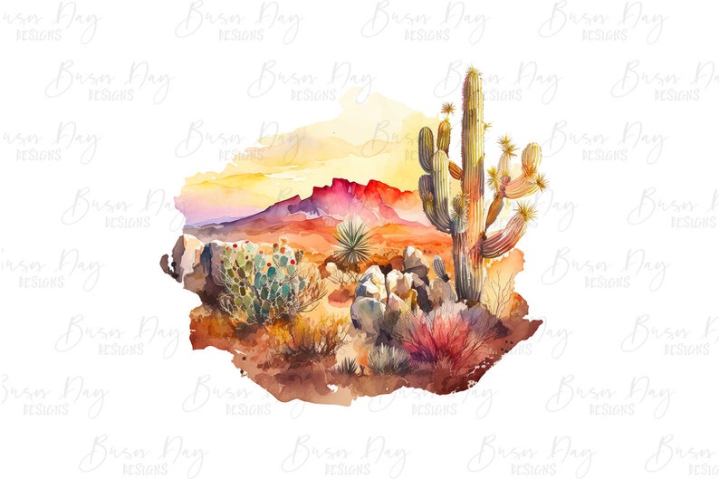 K&ouml;nnte beinhalten: Aquarellmalerei einer W&uuml;stenlandschaft mit einem hohen Kaktus im Vordergrund. Der Kaktus ist gr&uuml;n und braun mit ein paar kleinen Bl&uuml;ten. Der Hintergrund ist ein nebliger Sonnenuntergang mit einer Bergkette in der Ferne.