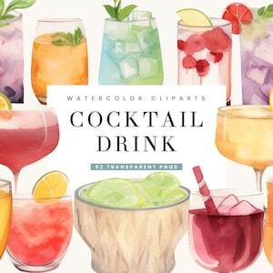 52 set di clipart acquerello, cocktail e bevande, download digitale, design stampabile, download istantaneo di file png, disegni a sublimazione