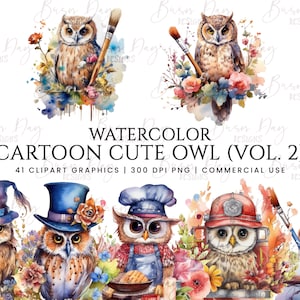 41 Watercolor cartoon cute owl Vol 2 clipart, digital download, digital planner, digital prints, instant download, watercolor clipart,