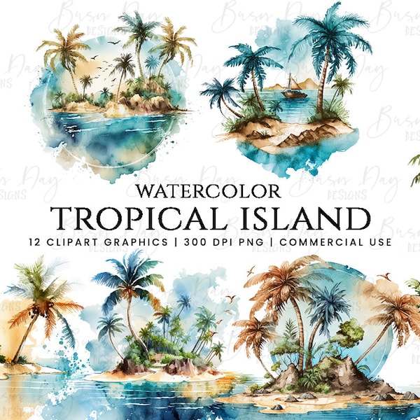 12 Watercolor Tropical island Clipart, vintage Hawaiian clip art bundle ,commercial user quiet countryside scenes, Commercial Clipart,